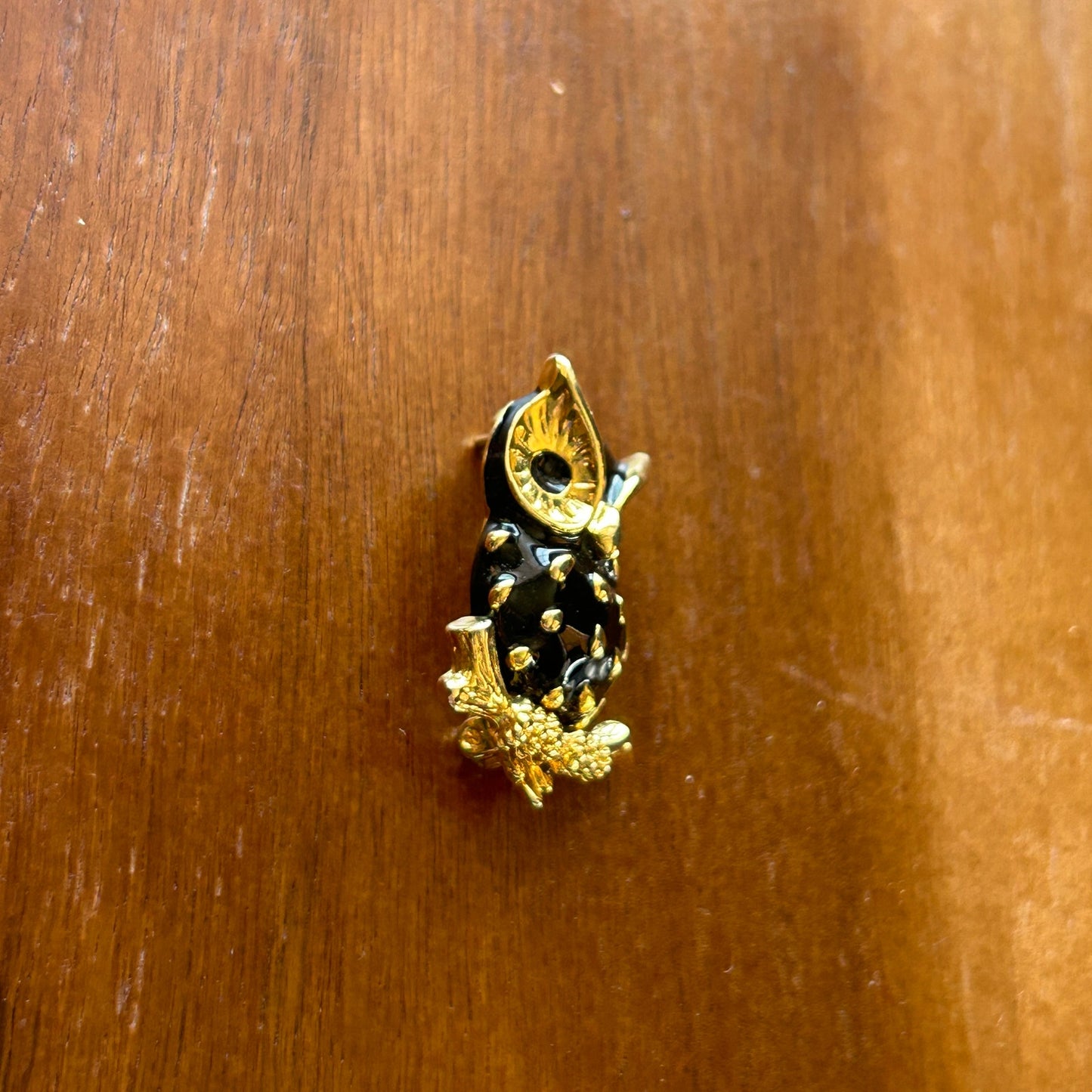 Vintage Enamel Owl Brooch | Gold Tone & Black Mid-Century Bird Pin, Owl Jewelry