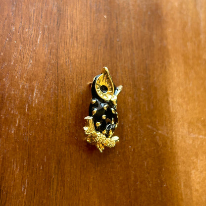 Vintage Enamel Owl Brooch | Gold Tone & Black Mid-Century Bird Pin, Owl Jewelry