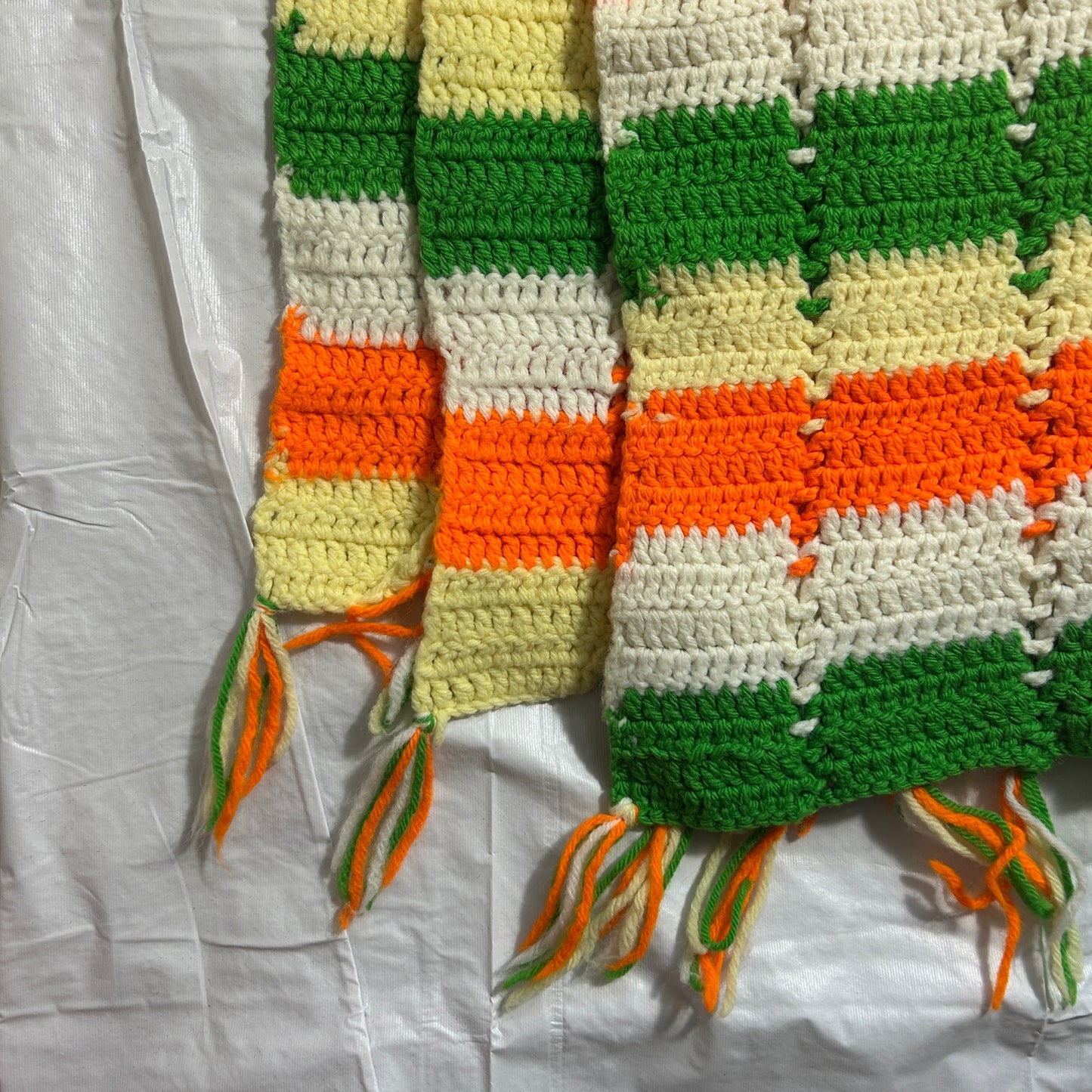 Vintage Handmade Crocheted Afgan Blanket, Orange, Green, Yellow and White, 40 x 66