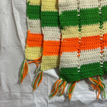 Vintage Handmade Crocheted Afgan Blanket, Orange, Green, Yellow and White, 40 x 66