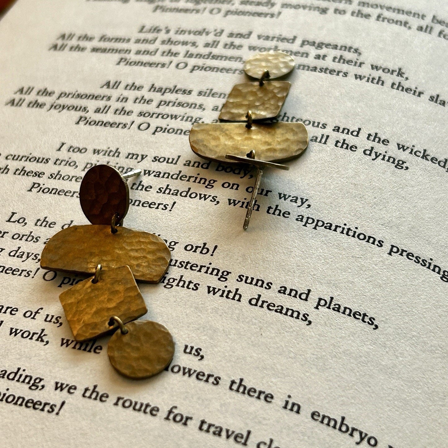 Handcrafted Geometric Brass Dangle Earrings Gold Tone for Women