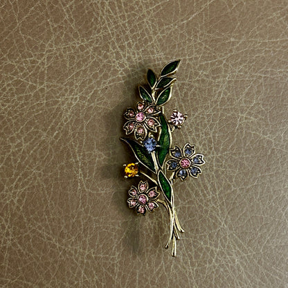 Trifari Vintage Floral Rhinestone Pin Brooch - Unsigned