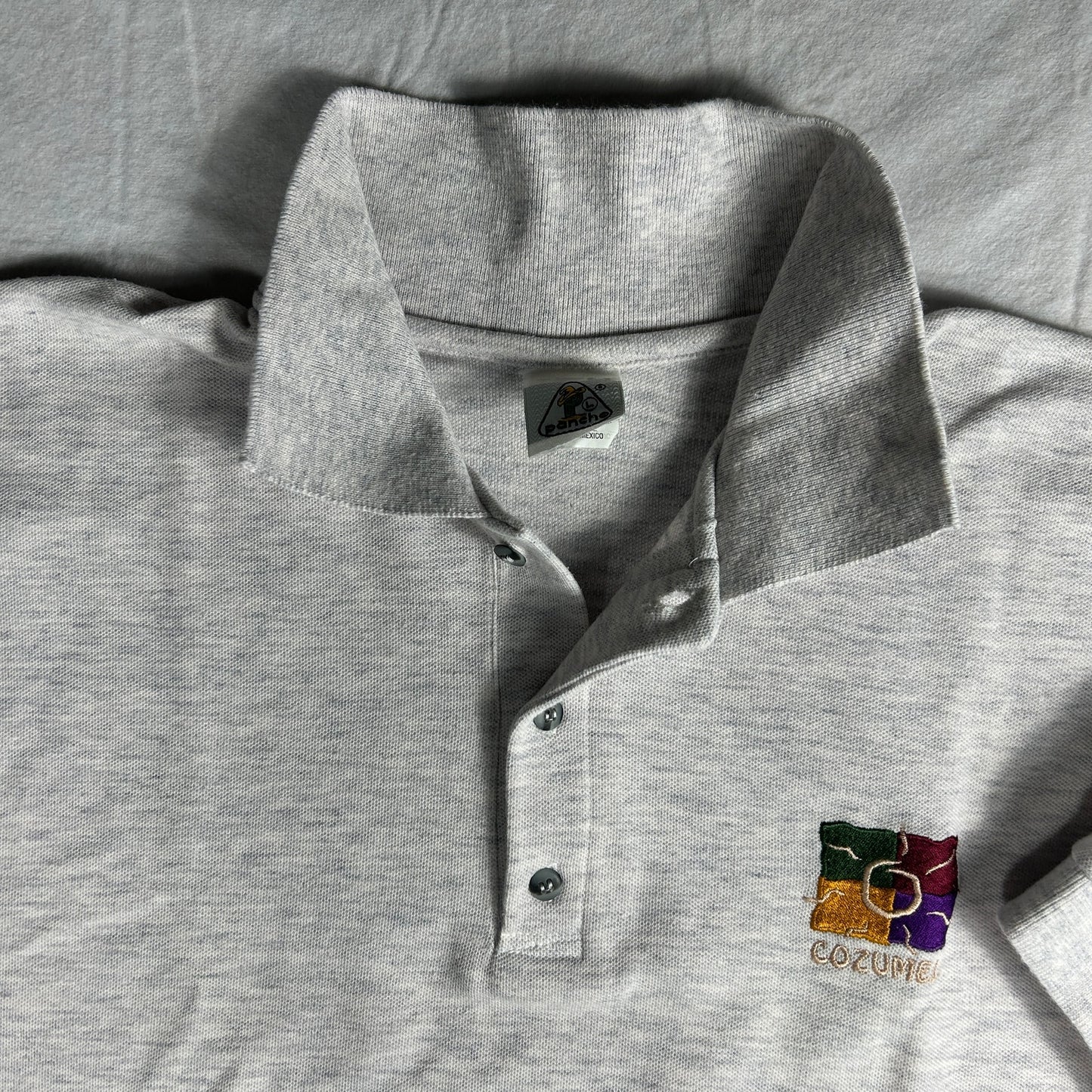 Vintage Pancho Cozumel Embroidered Polo Shirt - Men's Large - Heather Gray - Made in Mexico
