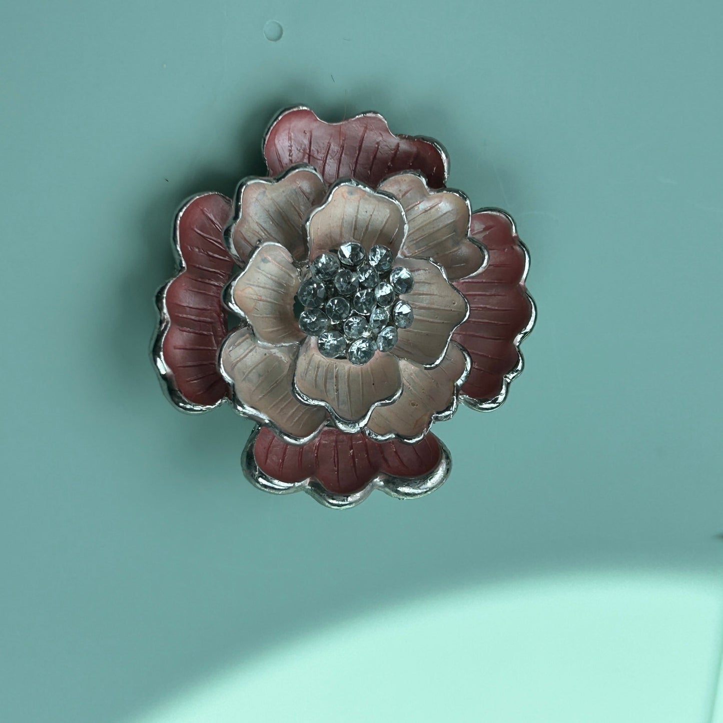 Vintage Silver Tone Pink Ombre Enamel Flower Brooch with Rhinestone Center