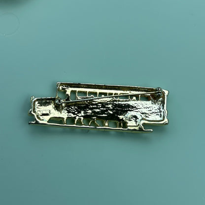 Vintage Gold Tone School Bus Brooch Pin with Red and Clear Rhinestone Accents