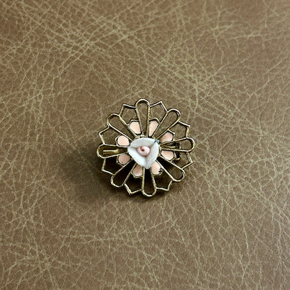 Vintage Gold Tone Filigree Brooch Pin Hand Painted Pink Rose