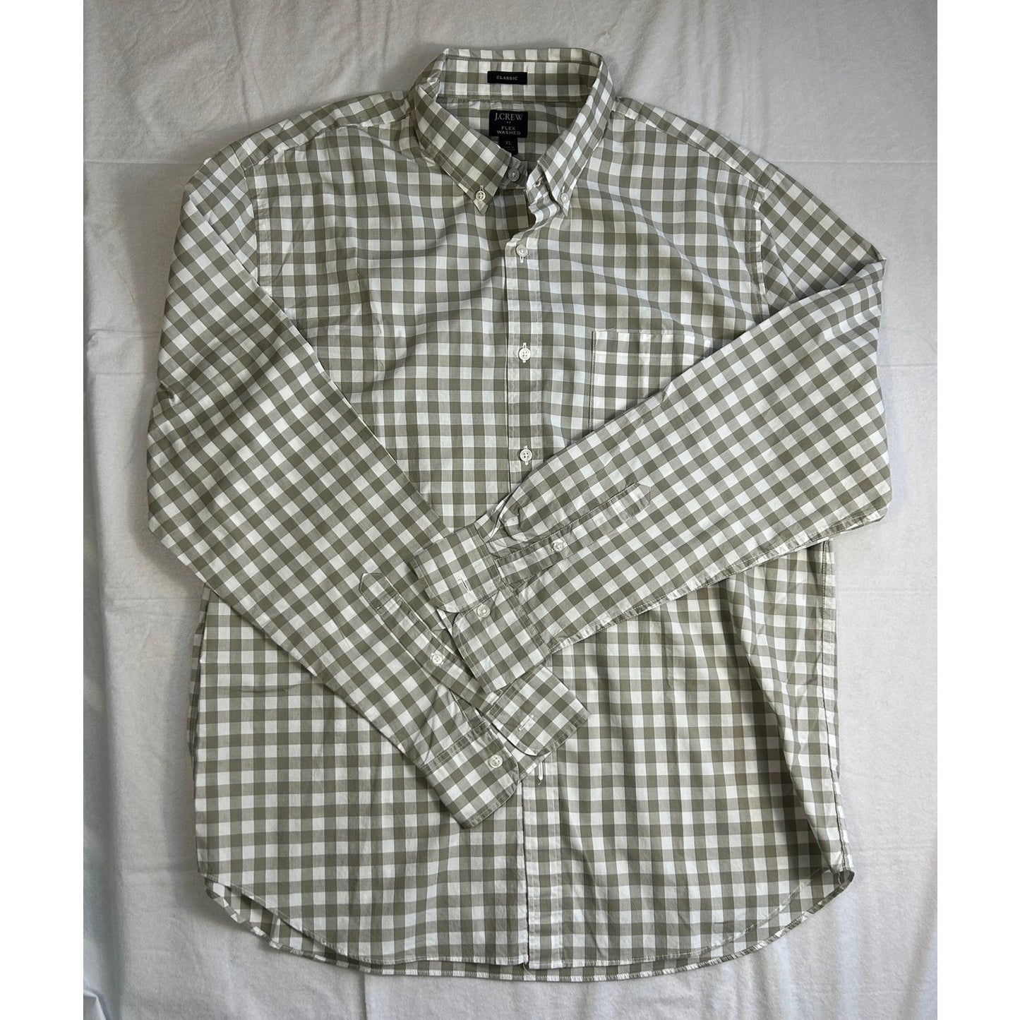J.CREW Men's Flex Washed Gingham Button Down Shirt - XL Classic Fit - Tan & White