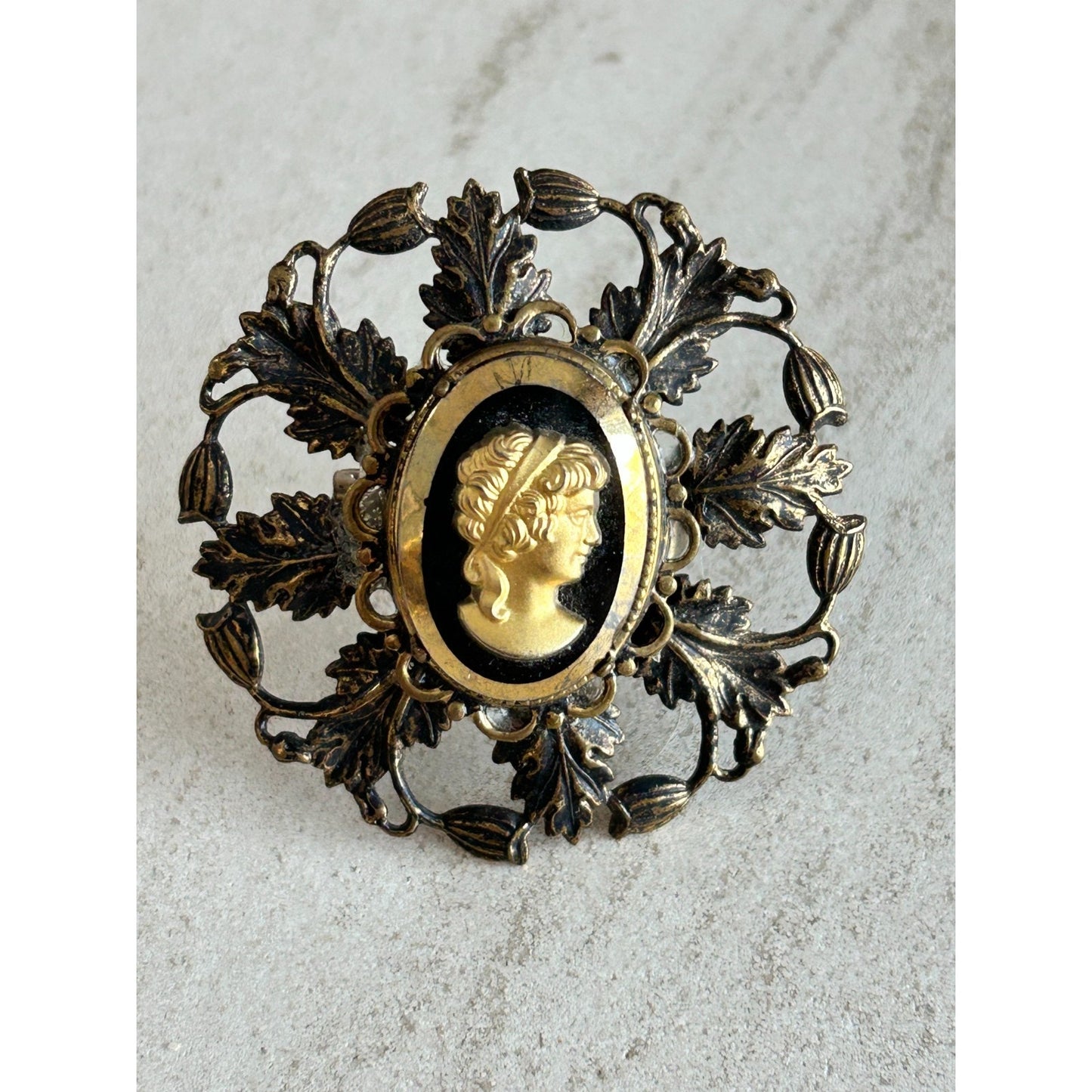 Antique Victorian Style Cameo Revival Brooch with Gold, Black and Copper Tones