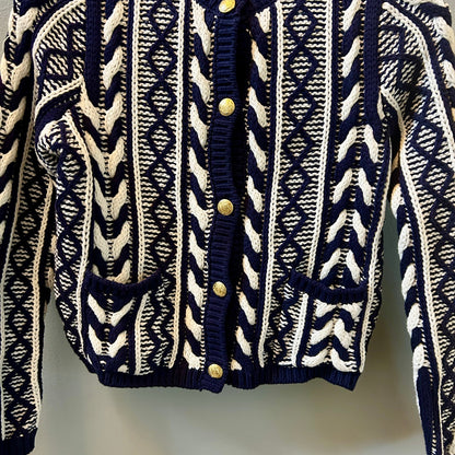 Martha Stewart Navy White Cable Knit Cardigan Sweater M