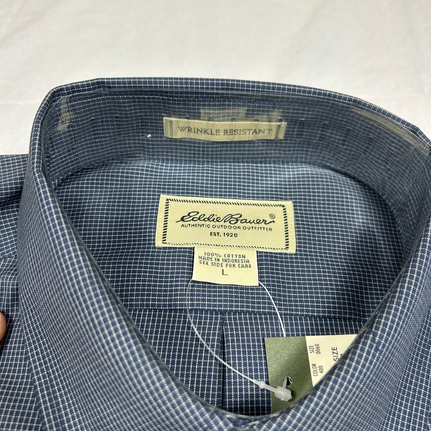 NWT Eddie Bauer Men’s Large Navy Micro-Check Wrinkle-Resistant Dress Shirt