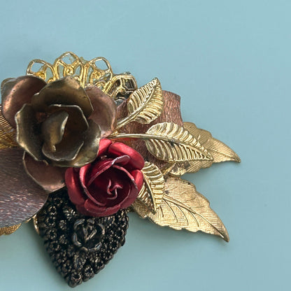 Vintage Mixed Metal Rose Brooch Gold Copper and Red Enamel Floral Pin