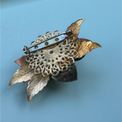 Vintage Mixed Metal Rose Brooch Gold Copper and Red Enamel Floral Pin