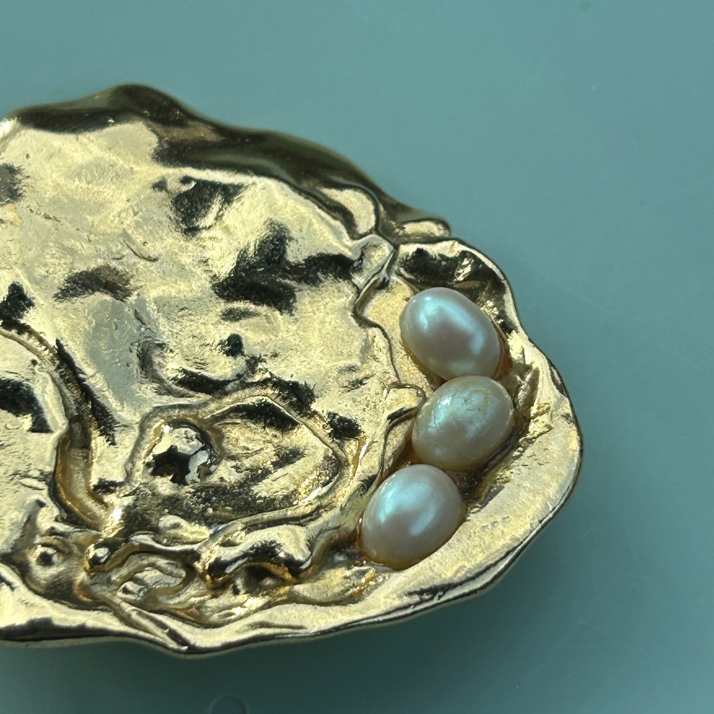 Unique Contemporary Gold-Tone Faux Pearl Brooch Abstract Textured Statement Pin