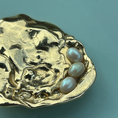 Unique Contemporary Gold-Tone Faux Pearl Brooch Abstract Textured Statement Pin