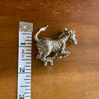 Vintage Running Zebra Brooch | Silver Tone Textured Animal Pin | Rhinestone Eye