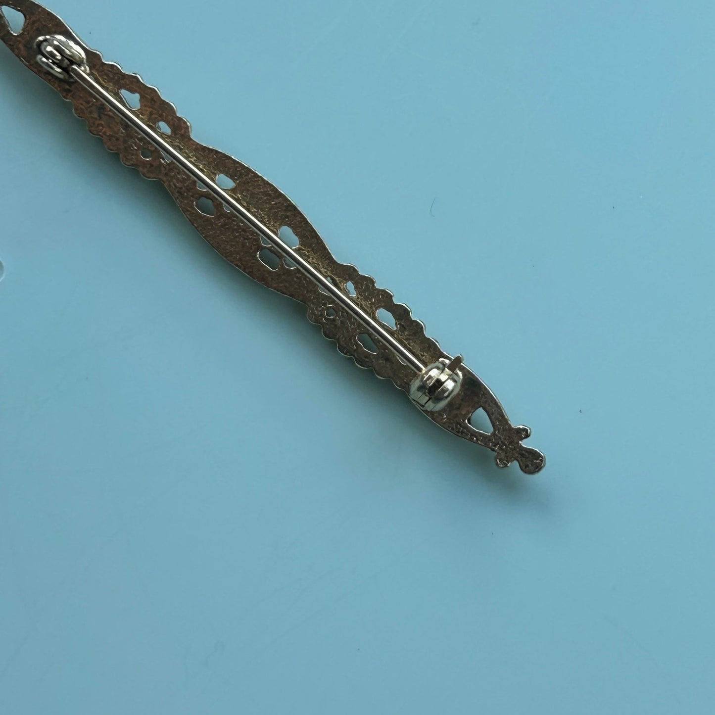 Vintage Gold Tone Filigree Bar Brooch with Faux Pearl Accents Elegant Bar Pin