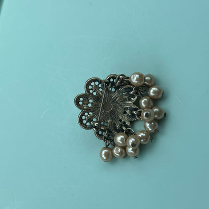 Antique Gold-Tone Floral Brooch with Rhinestones and Dangle Faux Pearls