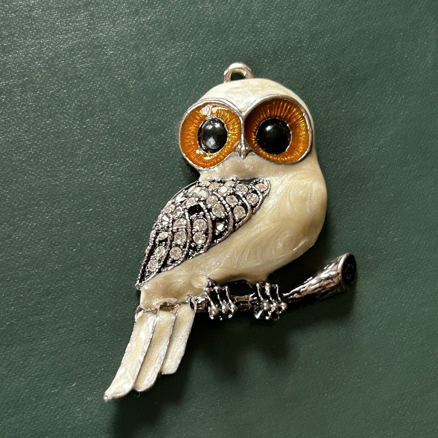 Silver Owl Pendant with Rhinestones, Orange Eyes, Black & White Accents