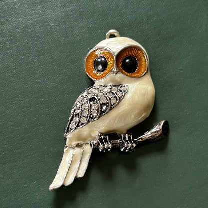Silver Owl Pendant with Rhinestones, Orange Eyes, Black & White Accents