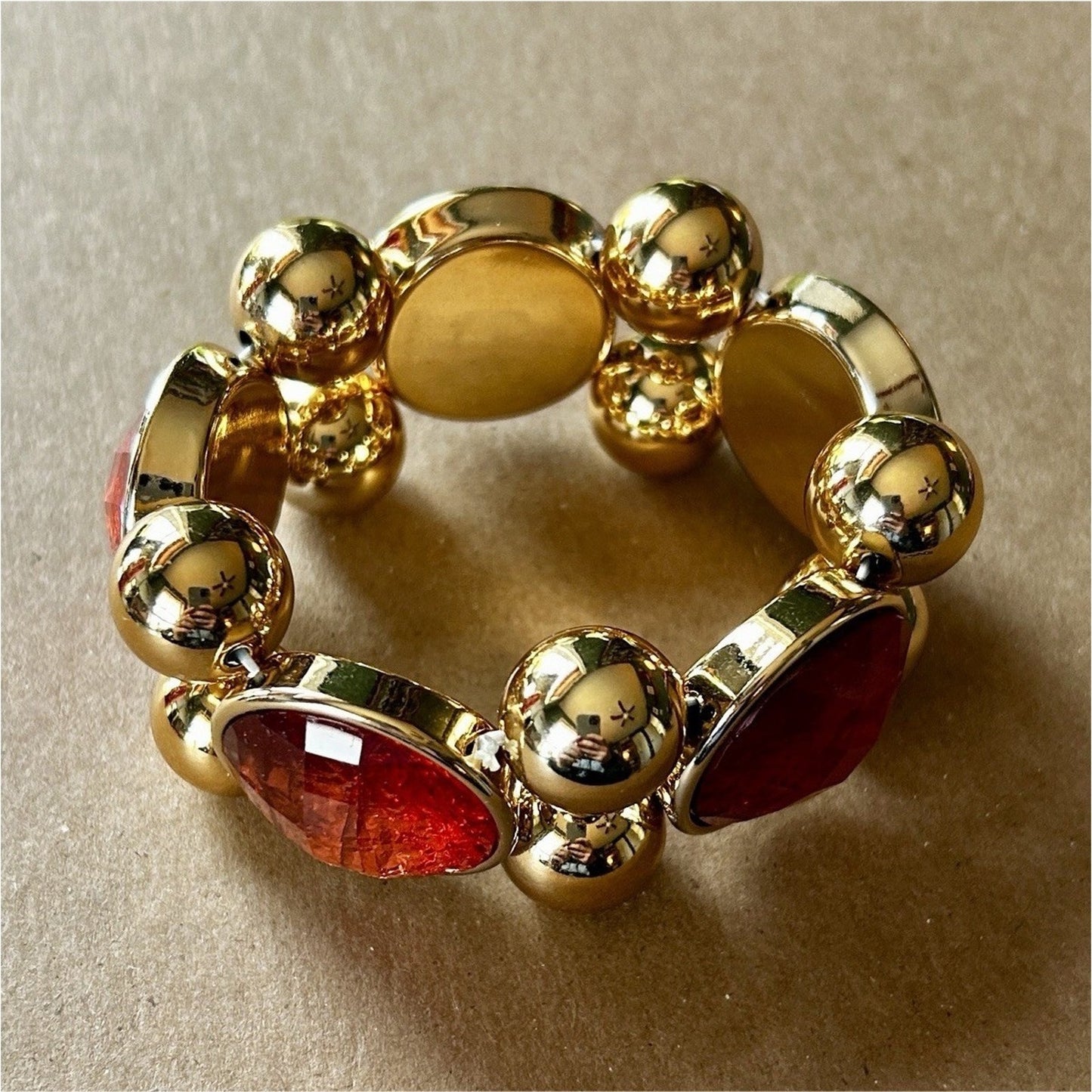 Gold Tone Red Glass Beaded Statement Stretch Bracelet with Oval Stones