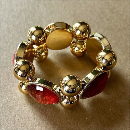 Gold Tone Red Glass Beaded Statement Stretch Bracelet with Oval Stones