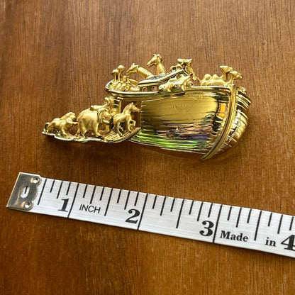 Vintage Noah’s Ark Gold-Tone Brooch, Detailed 3D Animal Figural Pin, Religious