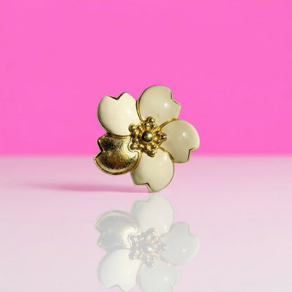Vintage Monet Signed Gold Tone & White Enamel 5-Petal Flower Brooch Pin