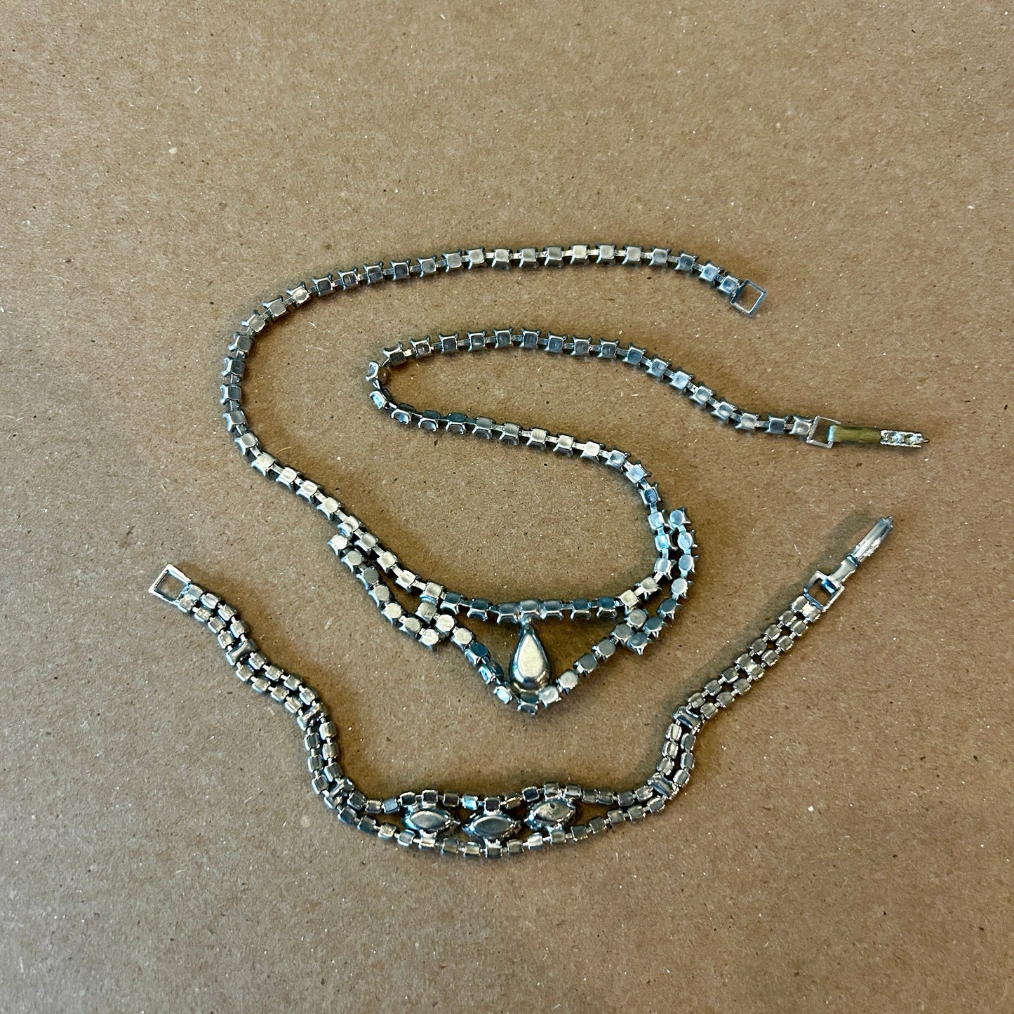 Vintage Silver Tone Rhinestone Necklace & Bracelet Set