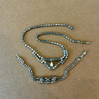 Vintage Silver Tone Rhinestone Necklace & Bracelet Set