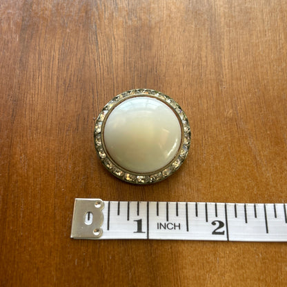 Vintage Silver Tone Faux Pearl & Rhinestone Halo Brooch | Round Cabochon Pin