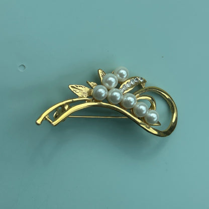 Vintage Faux Pearl & Rhinestone Swirl Brooch | Gold-Tone Floral Spray Pin