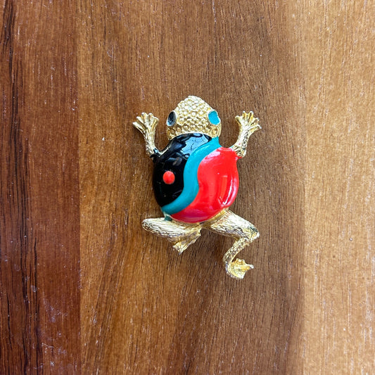 Vintage Enamel Frog Brooch | Gold Tone Multicolor Figural Pin | Whimsical Retro Amphibian Jewelry