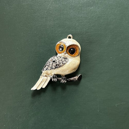 Silver Owl Pendant with Rhinestones, Orange Eyes, Black & White Accents