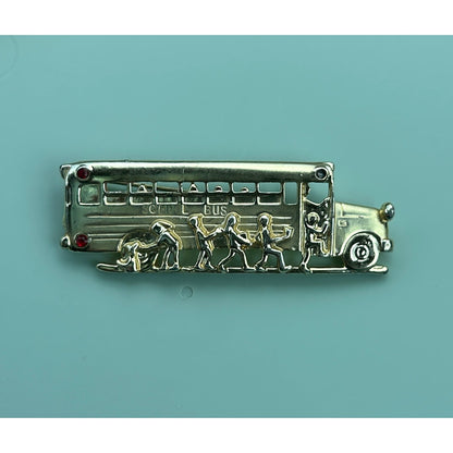Vintage Gold Tone School Bus Brooch Pin with Red and Clear Rhinestone Accents