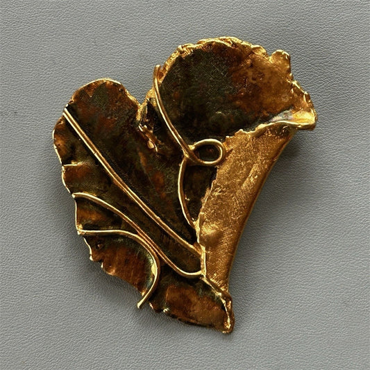 Gold-Tone Metal Heart Leaf Brooch Pin/Pendant Nature Theme 2.5 Inch