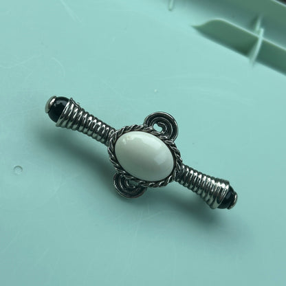 Vintage Art Deco Style Silver-Tone Bar Pin | Metal with Black & White Cabochon