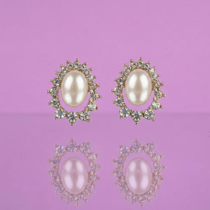 Vintage-Style Faux Pearl & Crystal Halo Stud Earrings