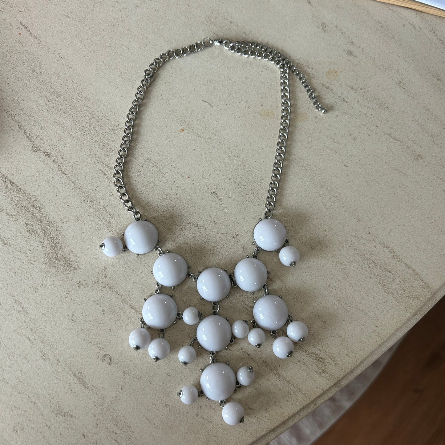 White Cabochon Statement Necklace - Silver Tone Mod Style Bib - 8"
