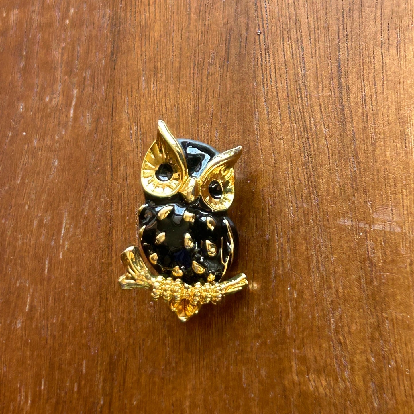 Vintage Enamel Owl Brooch | Gold Tone & Black Mid-Century Bird Pin, Owl Jewelry