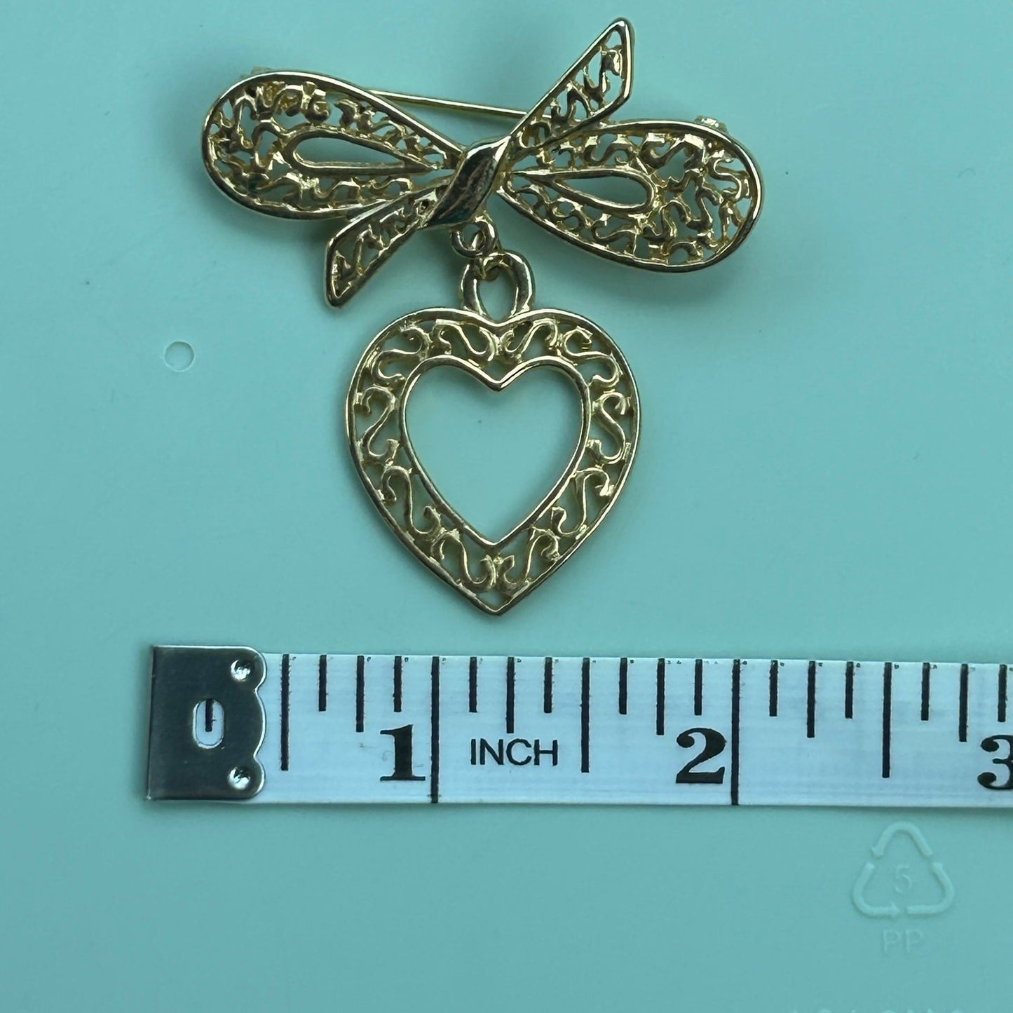 Bow and Heart Gold Tone Brooch, Fashion Pin