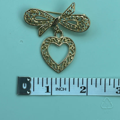 Bow and Heart Gold Tone Brooch, Fashion Pin