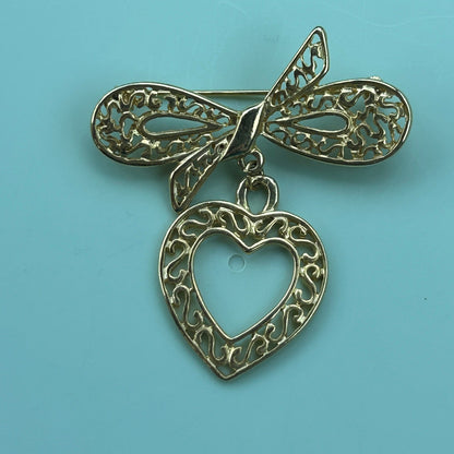 Bow and Heart Gold Tone Brooch, Fashion Pin