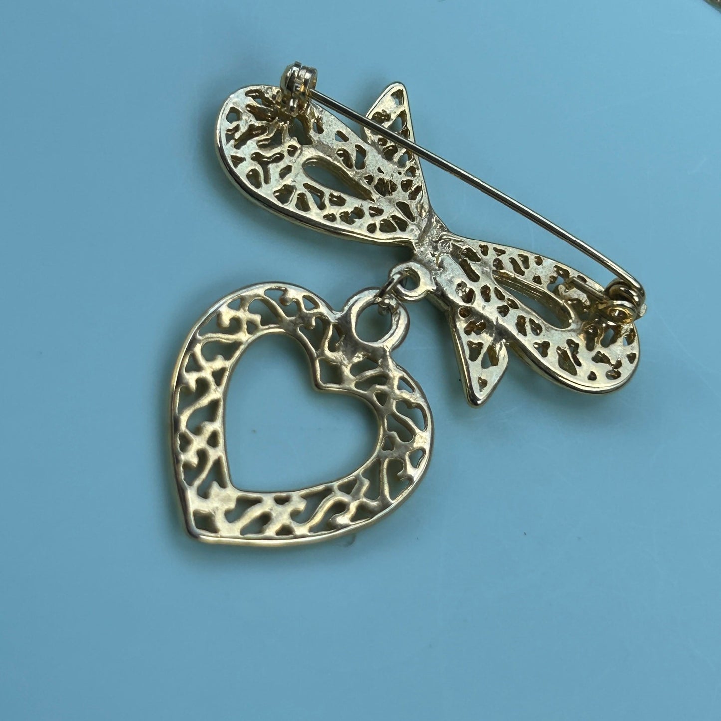 Bow and Heart Gold Tone Brooch, Fashion Pin